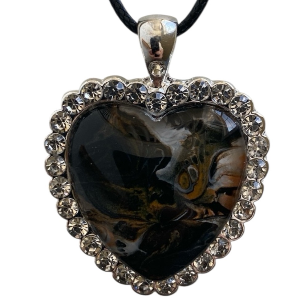Hand Crafted Heart Pendant Necklace Black Rhinestone Fluid Art by Svetlana Yeung